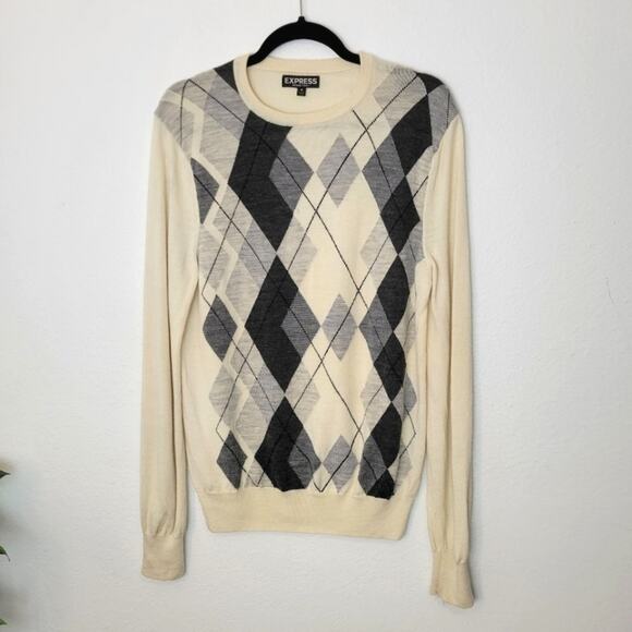 Express Other - EXPRESS Ivory Argyle Merino Wool Crewneck Sweater Lightweight Academia Size M